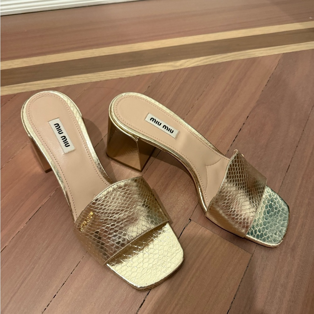 Miu Miu Metallic Gold Textured Mules - Picture 3 of 4